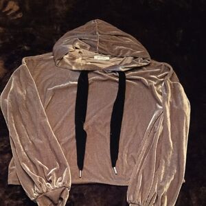 Zara Velvet Crop Top Hoodie in Cedar Brown With Black Drawstrings, S